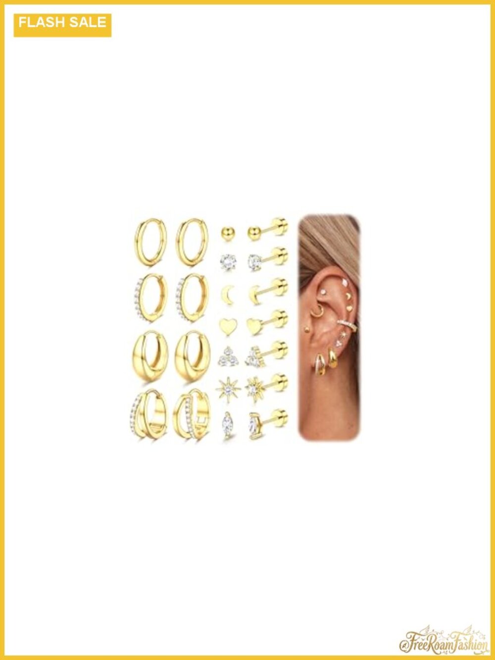 14K Gold Plated Surgical Stainless Steel Flat Back Earring Set with Huggie Hoops